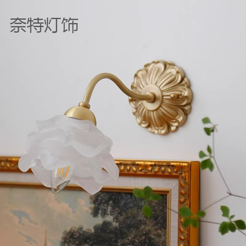 全铜壁灯美式复古卧室床头灯法式中古玻璃壁灯客厅背景墙壁灯