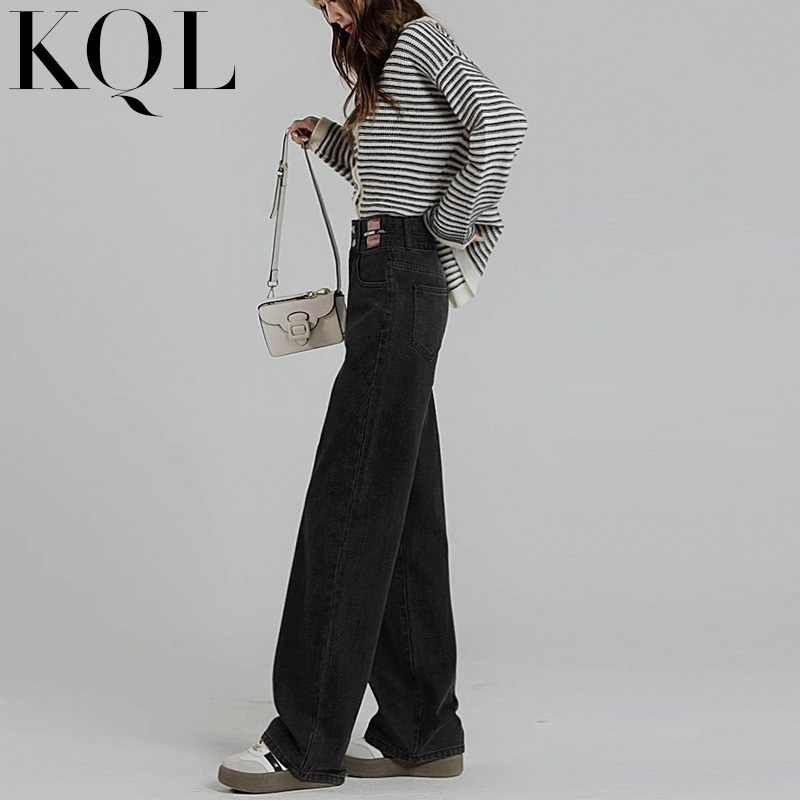 阔腿牛仔裤女高腰黑灰色直筒裤