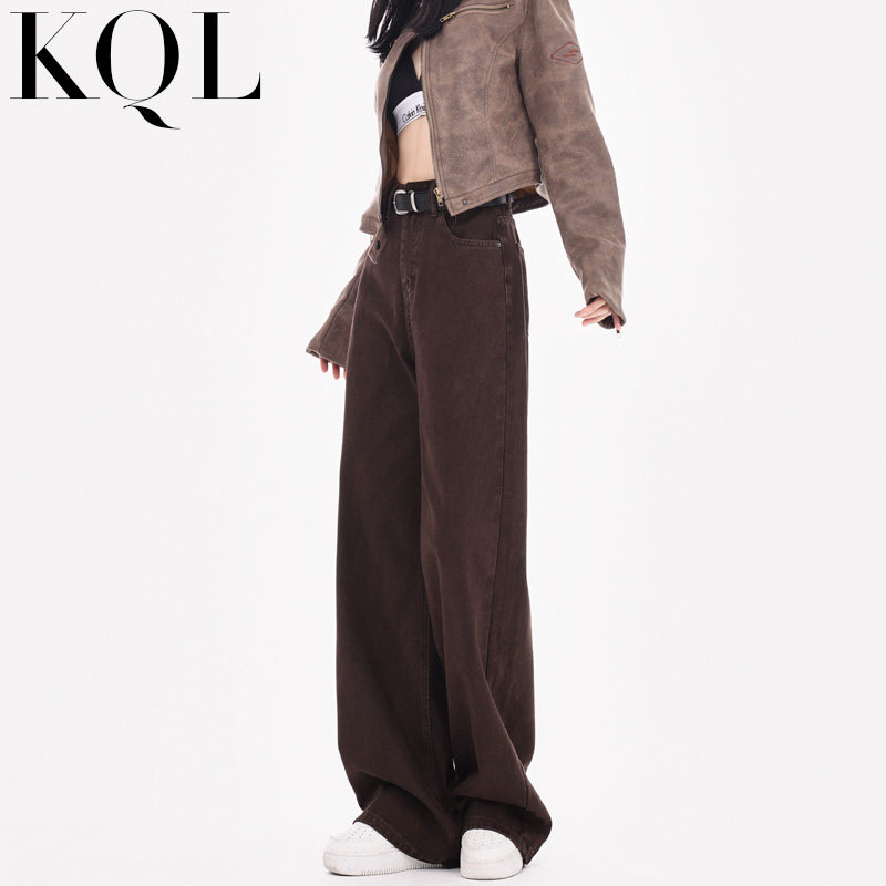 咖啡色直筒裤阔腿牛仔裤女显瘦