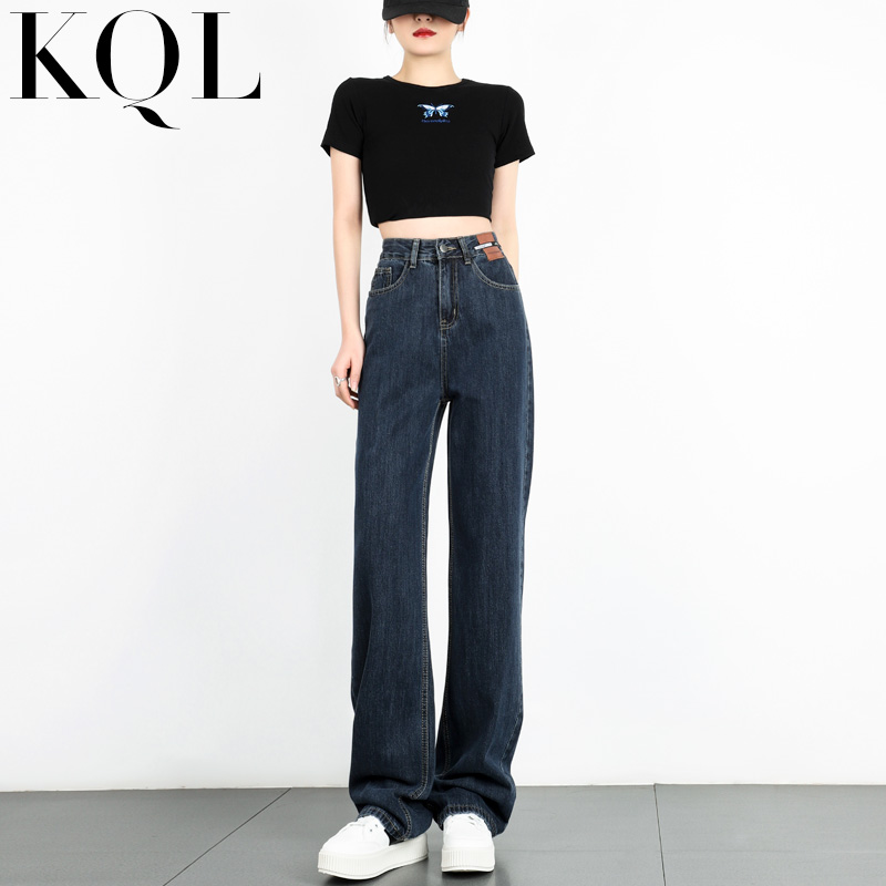 阔腿牛仔裤女高腰窄版显瘦直筒裤