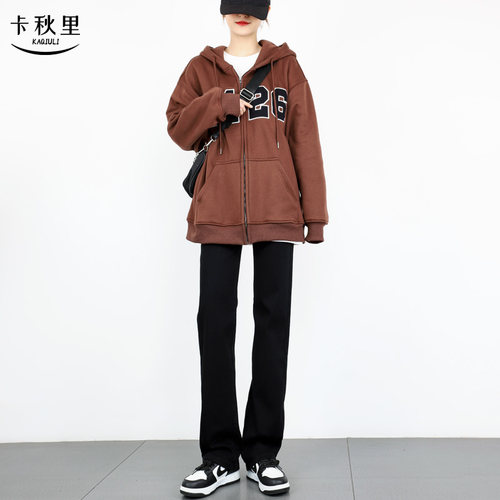 黑色直筒牛仔裤女高腰加绒烟管裤