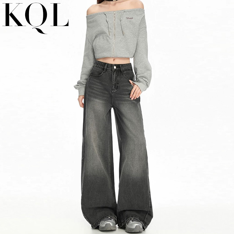 灰色牛仔裤女宽松显瘦直筒阔腿裤