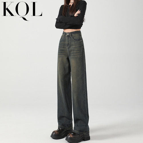 高腰阔腿牛仔裤女薄绒窄版直筒裤