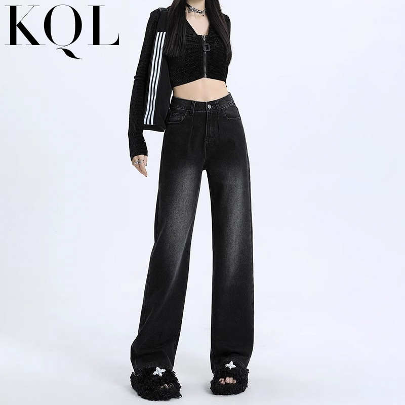 阔腿牛仔裤女高腰宽松直筒拖地裤