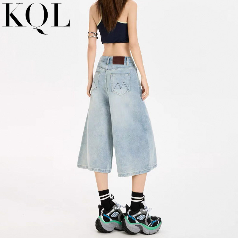 美式七分牛仔裤女2025新款夏季浅色高腰显瘦直筒宽松小个子阔腿裤