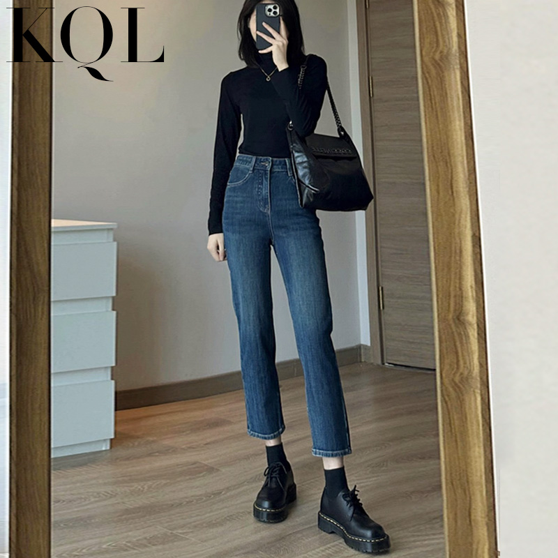 直筒牛仔裤女高腰小个子烟管裤