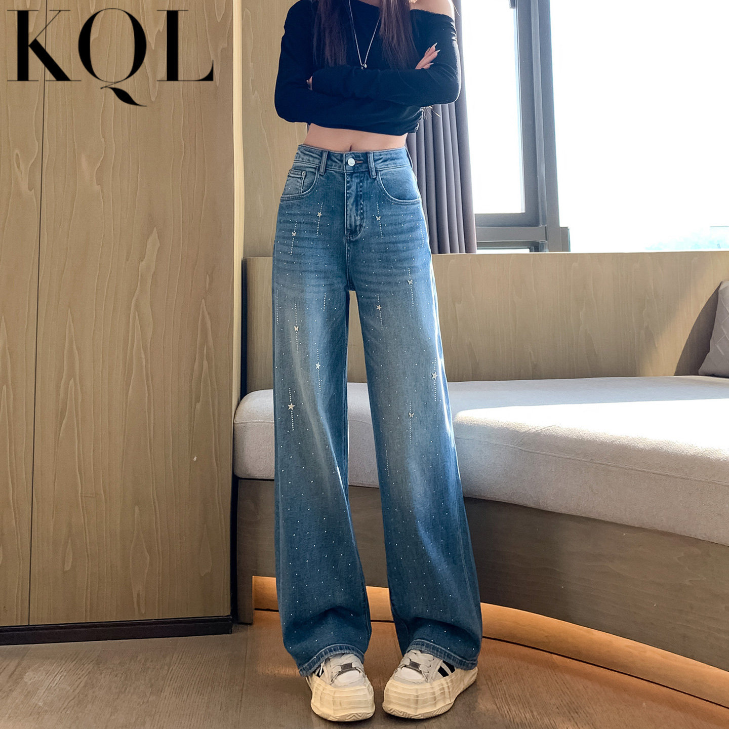 带钻牛仔裤女春夏2026新款辣妹满天星烫钻爆闪宽松直筒垂感阔腿裤,女装/女士精品,牛仔裤,淘宝优惠券,粉丝福利购,淘宝优惠卷