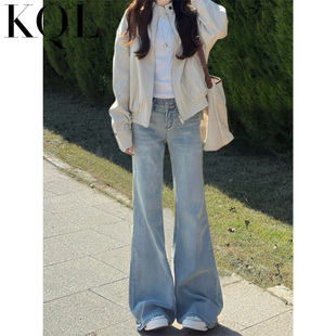 浅色微喇牛仔裤女加绒秋冬新款低腰弹力显瘦小个子不贴腿喇叭裤子