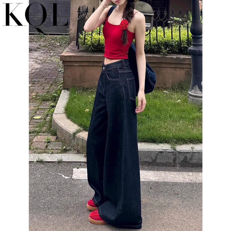 深蓝色阔腿牛仔裤女2025新款夏季薄款大裤腿宽松显瘦垂感拖地长裤