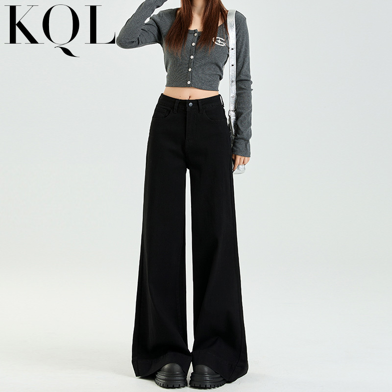 高腰喇叭牛仔裤女黑色加绒不贴腿