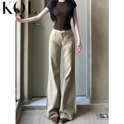 卡其色微喇牛仔裤女不贴腿喇叭裤