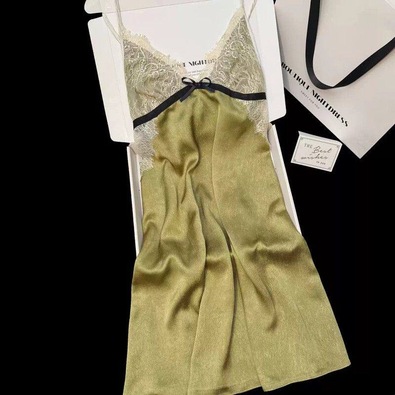 法式浪漫复古绿吊带睡裙女夏款冰丝小众设计感高级性感家居服睡衣