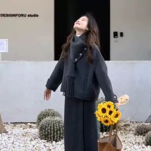 韩系搭配一整套冬装 女 灰色毛呢外套高级感小香风半身群两件套裙装