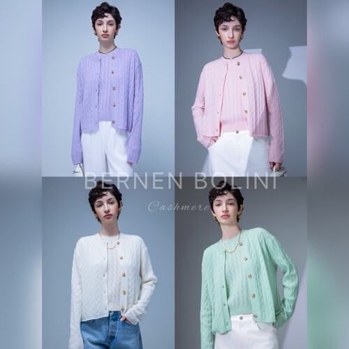 Bernen Bolini 100%山羊绒 复古绞花 随性卷边宽松针织圆领开衫