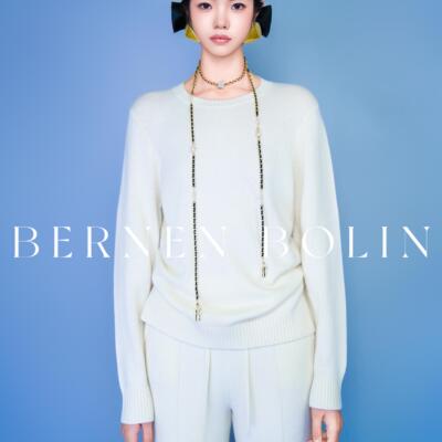Bernen Bolini 100%山羊绒 舒适系列 LP经典白色圆领长袖针织毛衣