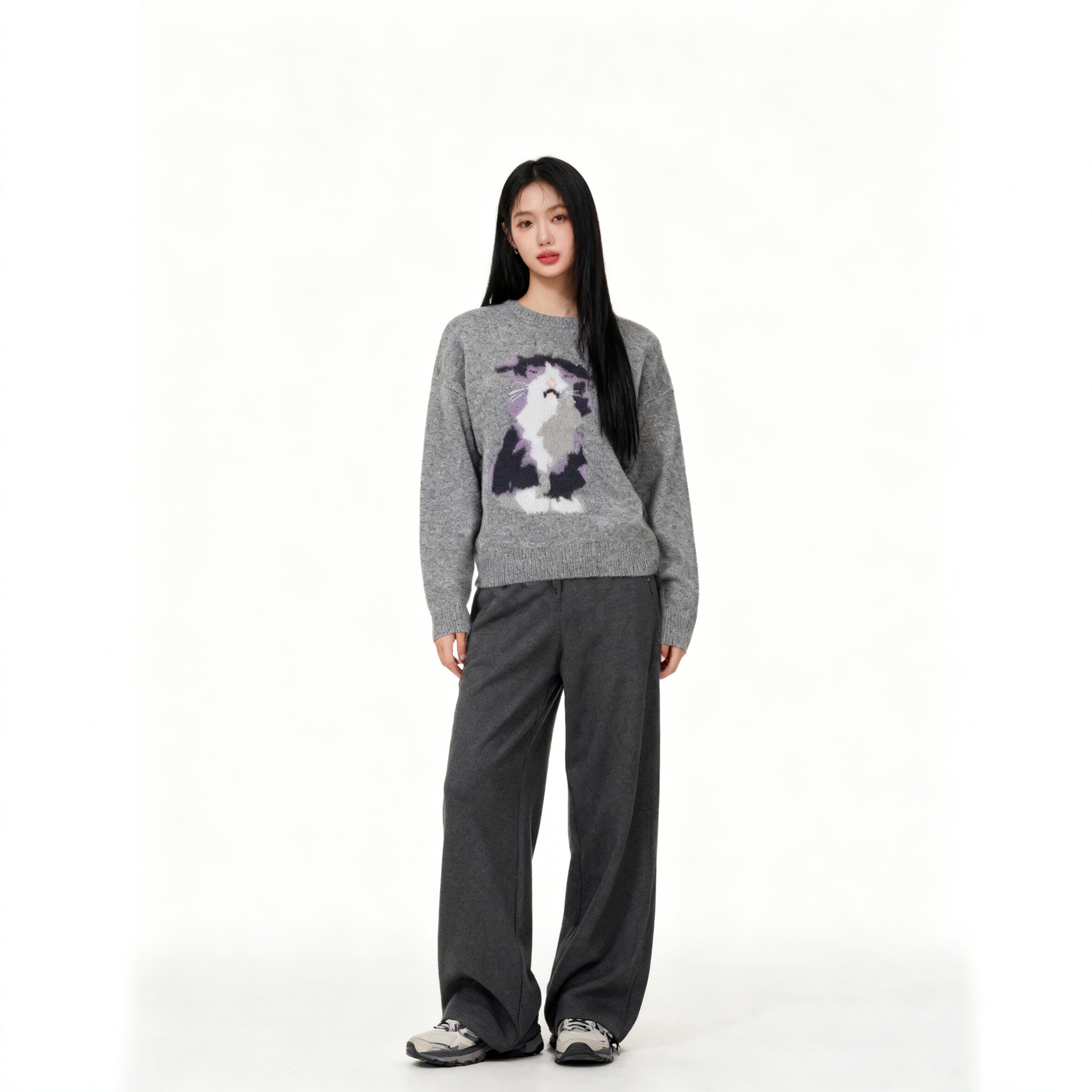 韩系休闲气质圆领针织毛衣冬季立体猫咪图案慵懒毛衣女MKAD1A291