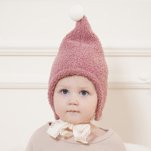 韩国婴儿帽子冬季 泰迪绒尖顶护耳帽小月龄男女宝宝超萌保暖帽 厚款