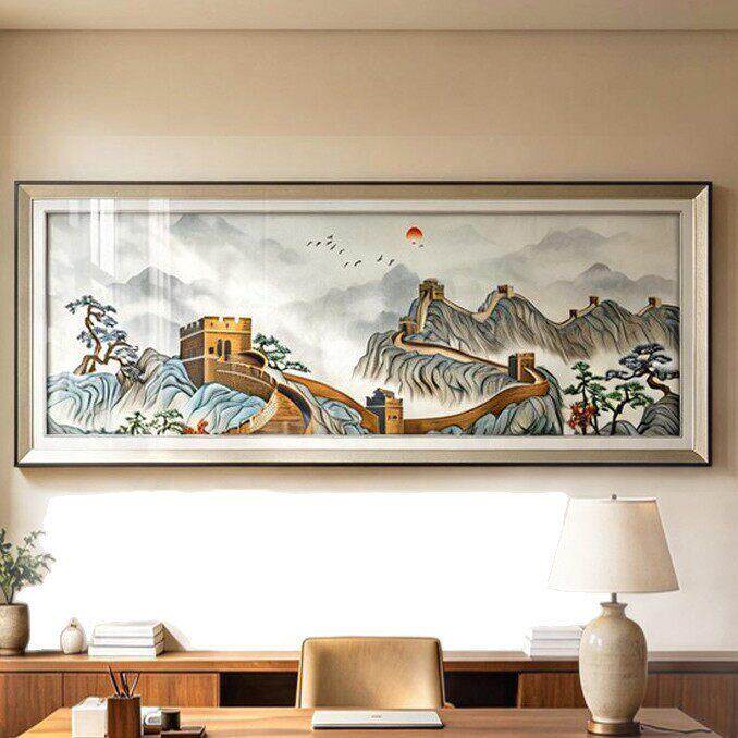 新中式织锦绣客厅装饰画长城背后靠山公室画档沙发背景墙挂画