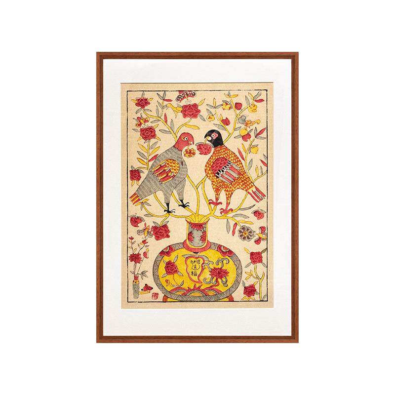四川夹江年画《元亨利贞》新中式竖版花鸟客厅挂画玄关好寓意壁画