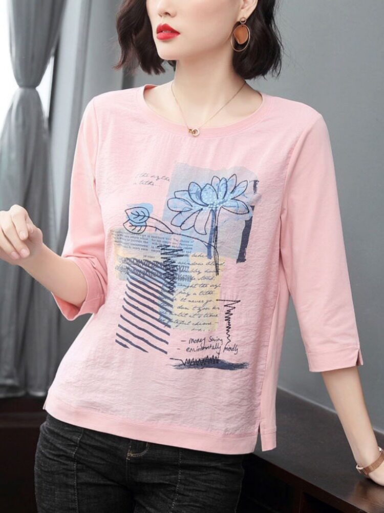 []여름 신작 7부 소매 프린트 티셔츠 여성 에스닉 스타일 탑 루즈한 어머니 바닥 셔츠 트렌디한 디자인