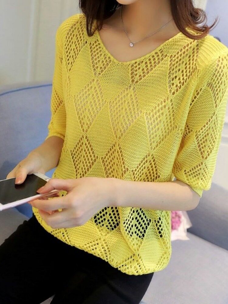 여름 여성의 새로운 한국 스타일 느슨한 속이 빈 얇은 풀오버 스웨터 니트 스웨터 바닥 여성의 태양 보호 의류 커버 유행 스타일
