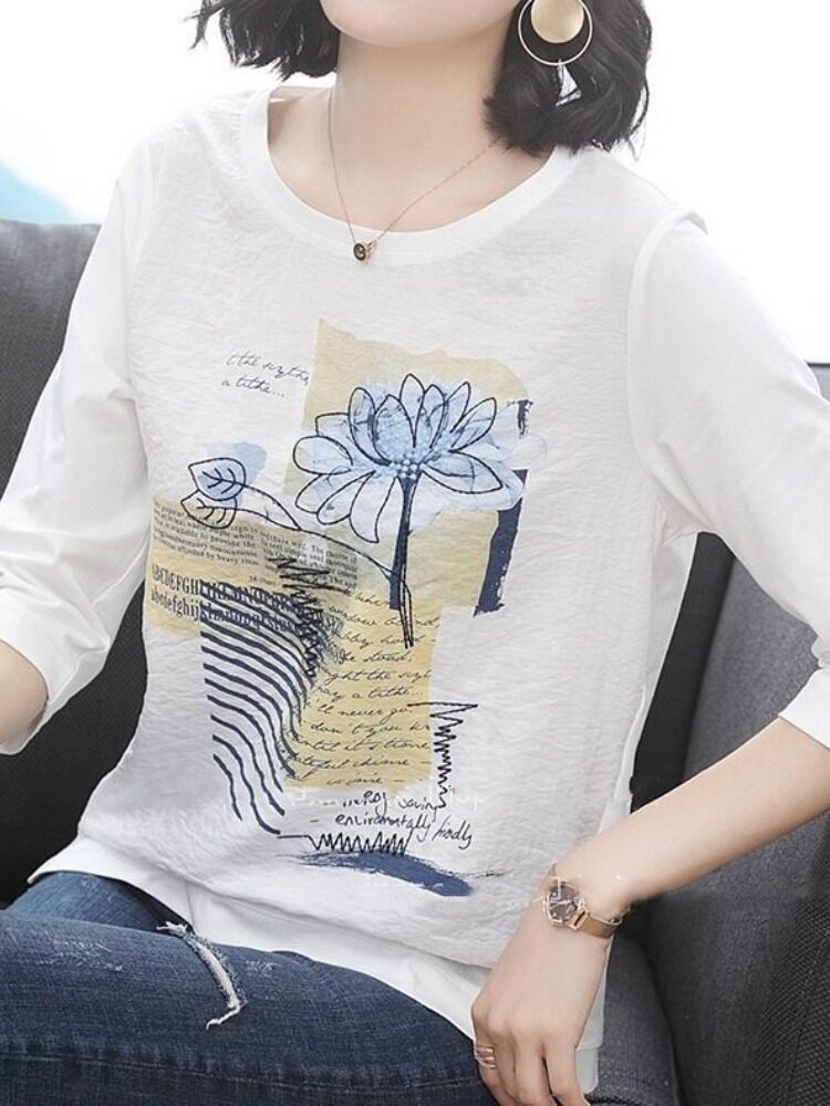 []여름 신작 7부 소매 프린트 티셔츠 여성 에스닉 스타일 탑 루즈한 어머니 바닥 셔츠 트렌디한 디자인