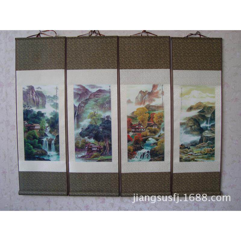 家居装饰工笔山水四条屏春夏秋冬丝绸画卷轴成套国画T42
