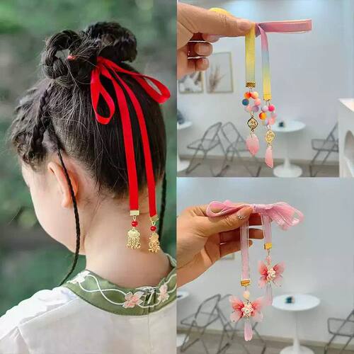 新品儿童汉服头饰古风发带丸头流苏飘带铃铛复古丝带超仙气百搭发