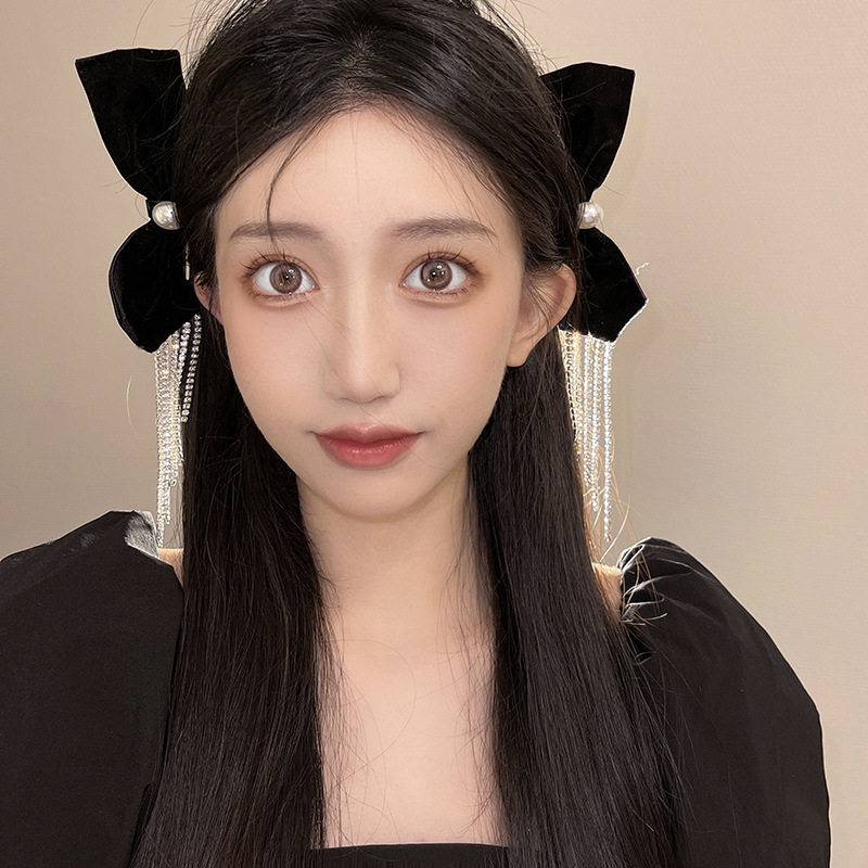 新款 双面黑色丝绒珍珠蝴蝶结发夹对夹水钻链条流苏可爱兔耳朵发