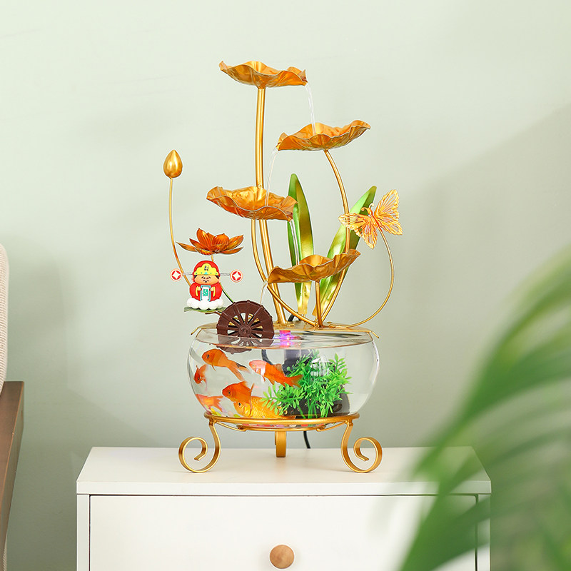 创意现代风简约轻奢铁艺荷叶循环流水办公客厅家用玻璃缸桌面摆件,家居饰品,流水摆件,淘宝优惠券,粉丝福利购,淘宝优惠卷