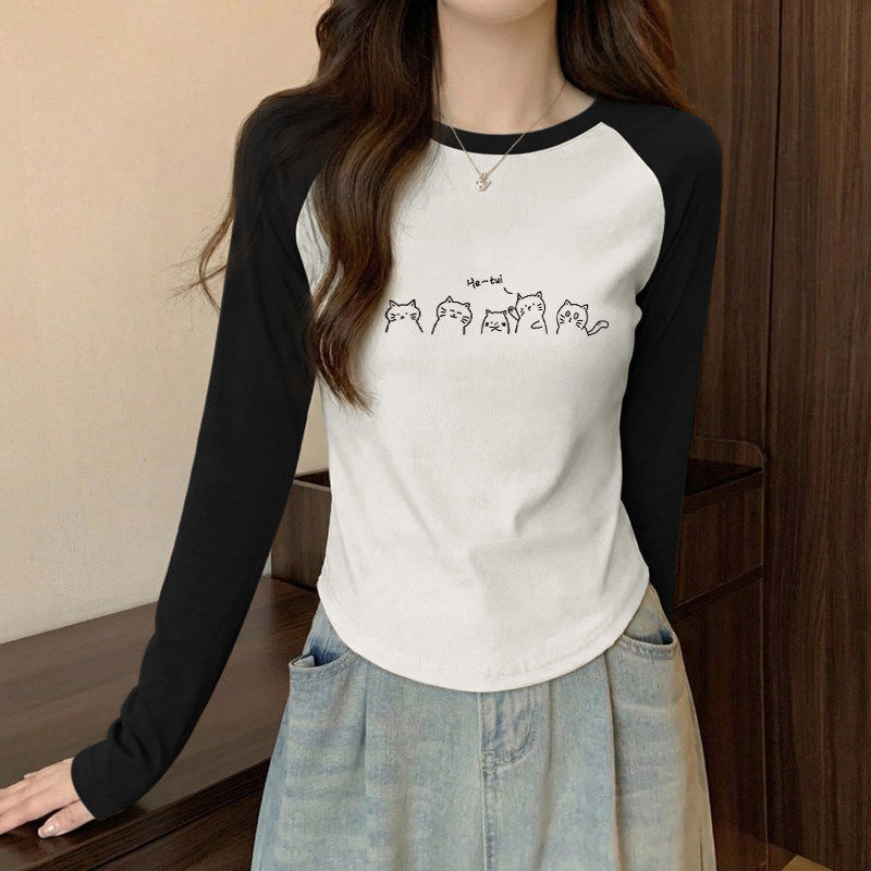 别致插肩撞色纯棉打底衫女2026秋冬设计感小众内搭T恤短款上衣ins,女装/女士精品,T恤,淘宝优惠券,粉丝福利购,淘宝优惠卷