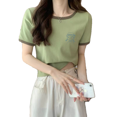 正肩修身T恤短袖女短款撞色上衣