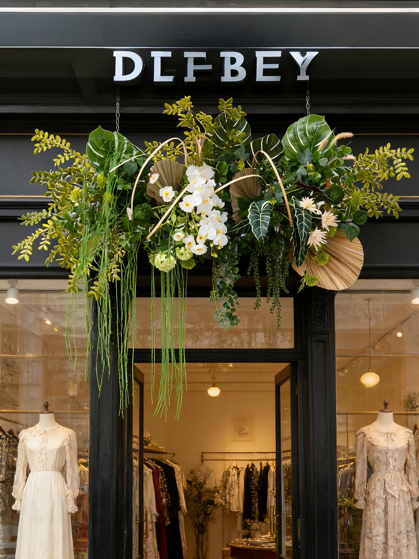 服装店门头装饰仿真花艺壁挂绿植店面橱窗氛围插花墙面垂吊假植物