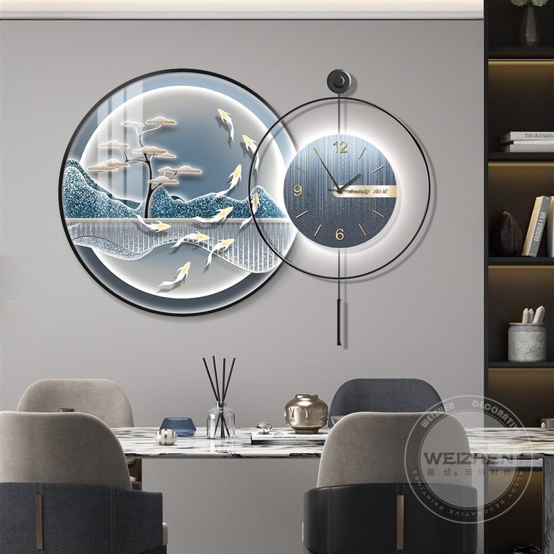 轻奢餐厅装饰画高档饭厅背景墙挂画壁画创意挂钟时钟简约现代钟表