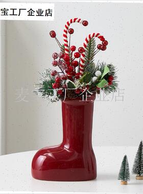 诞主题红色e靴子造型花瓶陶瓷居家装饰摆件新年高级感圣诞树装饰\