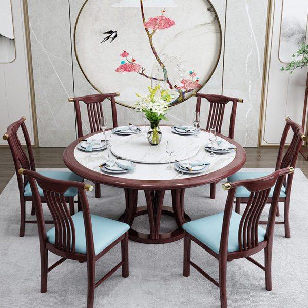 新中式岩板圆桌带转盘 禅意轻奢全实木餐桌椅组合家用饭桌餐台1.3,住宅家具,岩板餐桌,淘宝优惠券,粉丝福利购,淘宝优惠卷