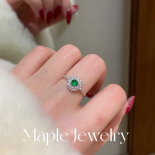 Maple 天然阳绿翡翠戒指女925纯银爆闪轻奢新中式显白绿玉髓女戒