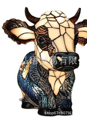 新款小牛动物台灯创意树脂家居床头发光牛头台灯摆件