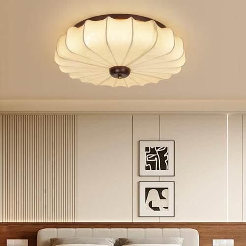 实木卧室灯吸顶灯中古风法式复古客厅灯日式圆形布艺主卧书房灯具