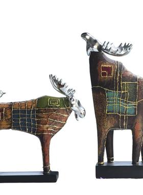 树脂工艺品动物摆件油画麋鹿客厅电视柜玄关房间桌面装饰