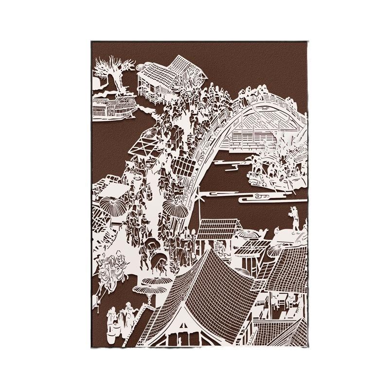新中式清明上河图客厅背景装饰画入户玄关不锈钢肌理茶室立体挂画