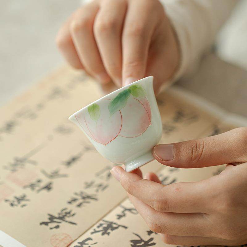 手绘泥玉茶杯陶釉彩蜜桃松石绿单杯主人杯家用功夫茶mtpb具瓷品下
