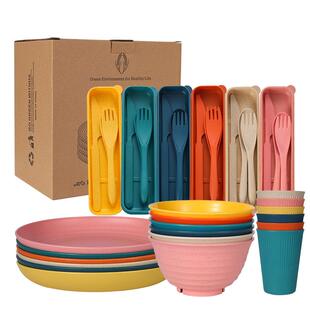 小麦秸秆碗盘饮料水杯便携餐具刀叉勺6人份户外旅行餐具套装