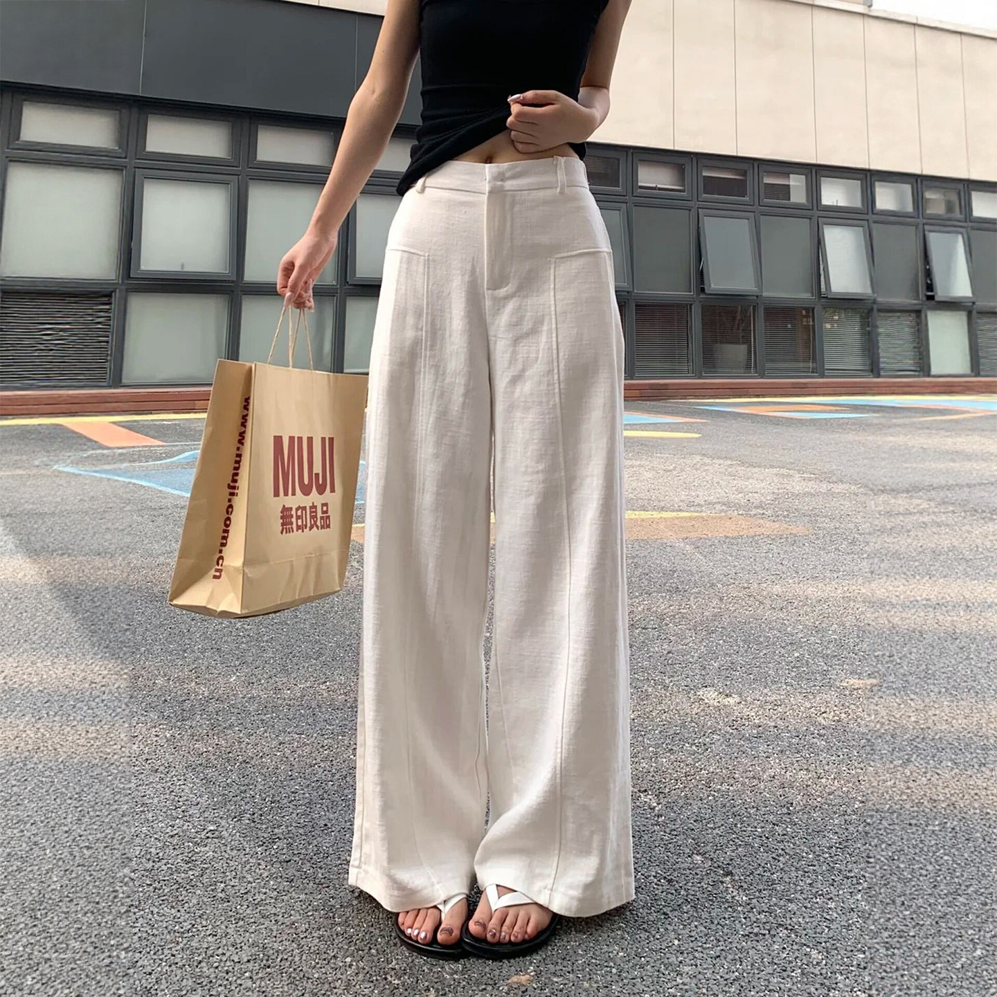 老钱风亚麻阔腿裤女夏季薄款白色休闲宽松显瘦垂感西装棉麻直筒裤