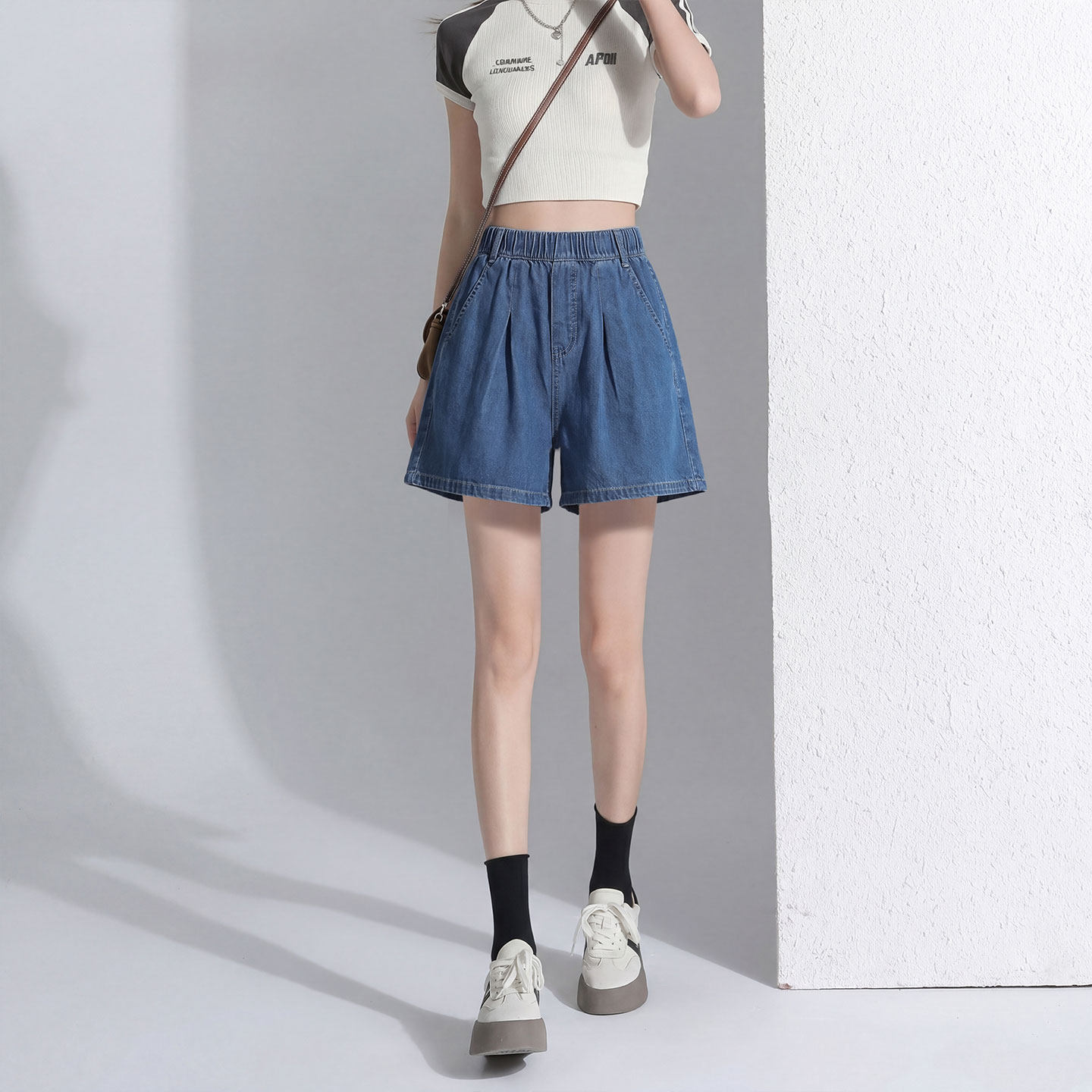 复古天丝牛仔短裤女士2026新款夏季小个子宽松休闲冰丝阔腿五分裤