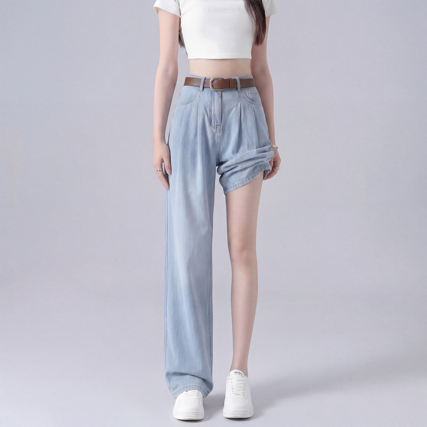 天丝牛仔裤女夏薄款2026新款高腰阔腿宽松窄版小个子冰丝直筒裤子