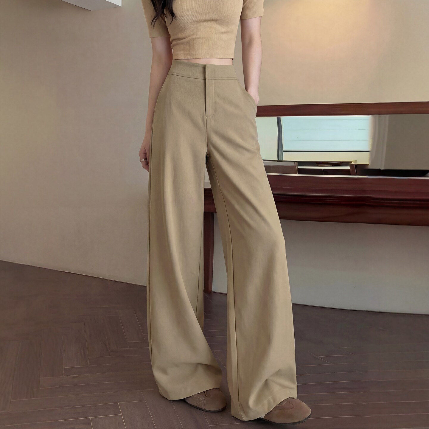 卡其色西装裤女2026春夏新款垂感休闲高腰直筒阔腿裤老钱风工装裤