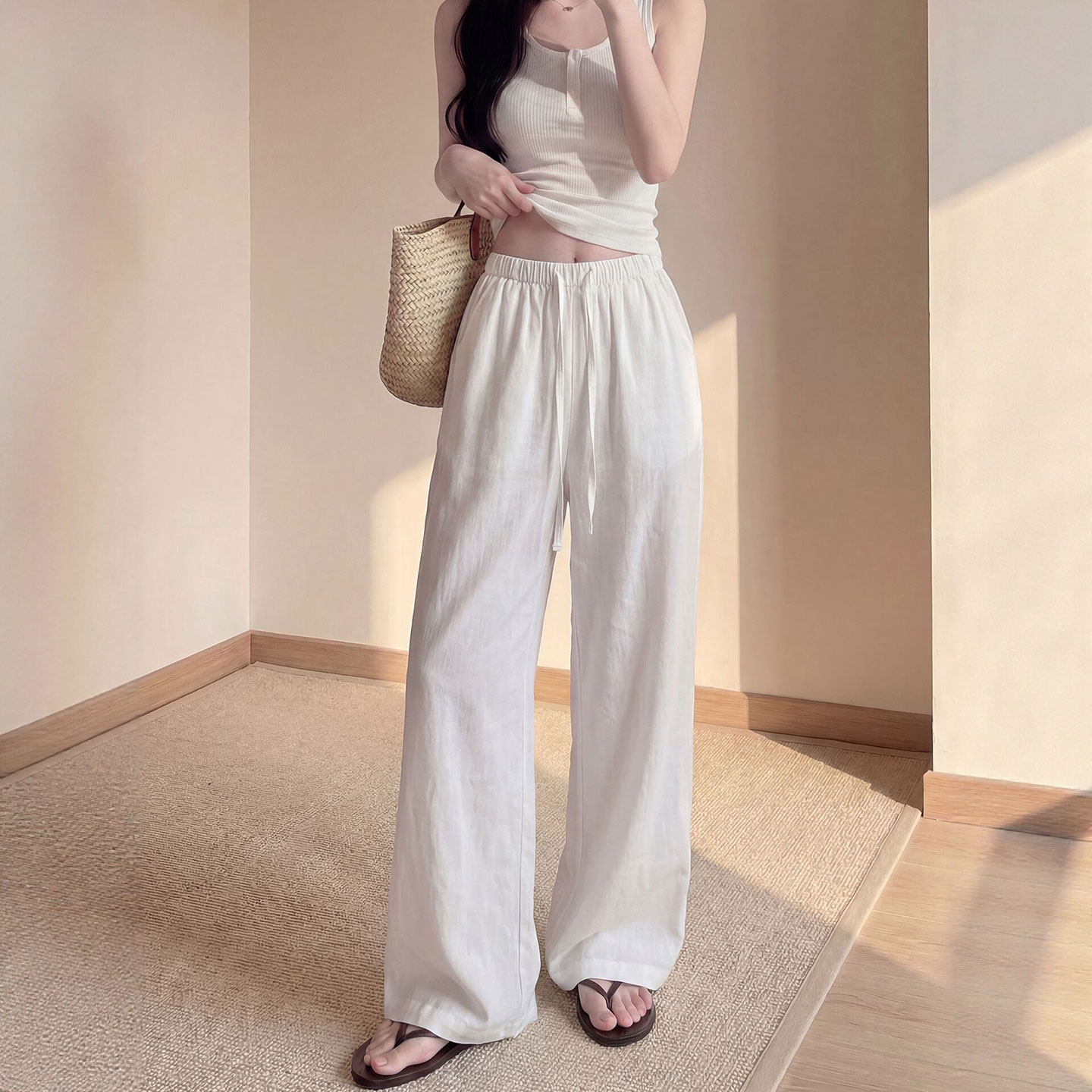 白色亚麻裤子女款夏薄款2026新款宽松慵懒小个子棉麻直筒阔腿裤子
