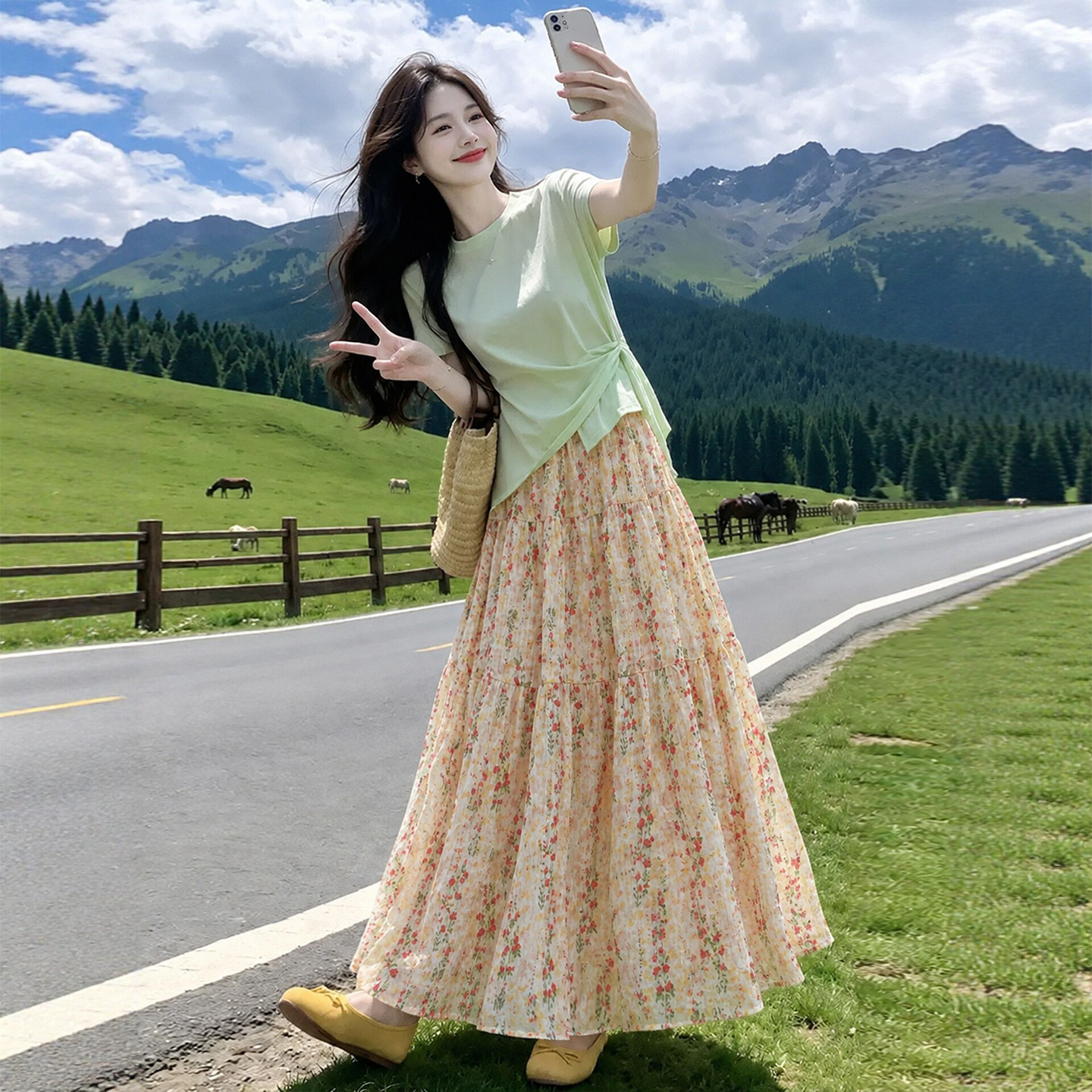 粉色碎花半身裙女2026新款夏季巨好看半裙高腰大码a字蛋糕裙长裙