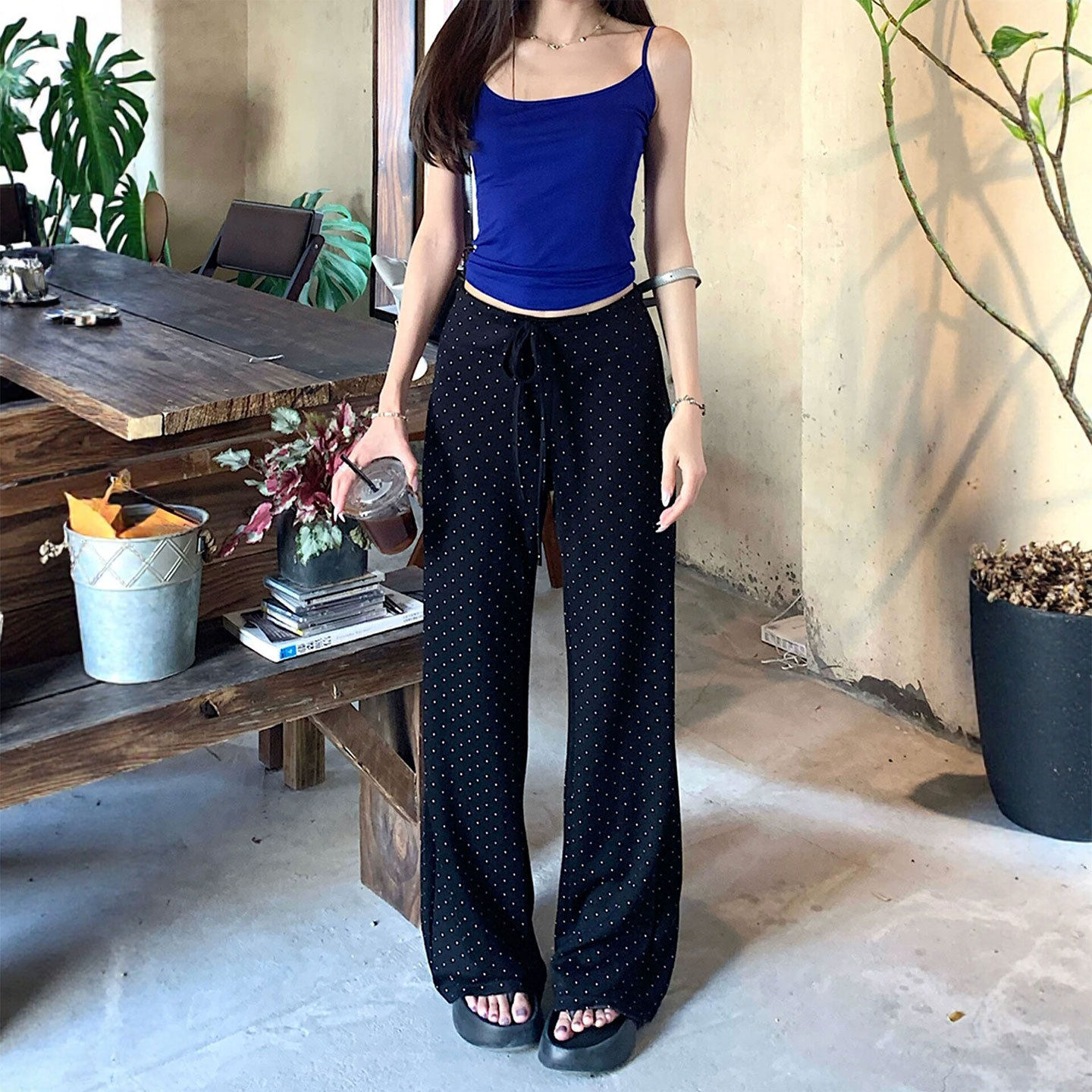 藏青色波点阔腿裤女秋2026新款小个子瑜伽休闲运动裤糯米直筒裤子